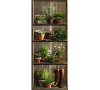 Sticker porte, trompe l'oeil vintage étagère champêtre, pots de fleurs et plantes, 204 cm X 73 cm