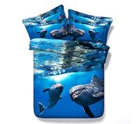 Sticker superb 2 Personnes 3D Mer Dauphin Housse de Couette avec Fermeture éclair, Luxe 3 Pièces Bleu Couverture de Lit avec Taie d'oreiller (Océan Dauphin, 220_x_240_cm)