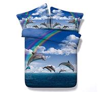Sticker superb 2 Personnes 3D Mer Dauphin Housse de Couette avec Fermeture éclair, Luxe 3 Pièces Bleu Couverture de Lit avec Taie d'oreiller (Arc-en-Ciel Dauphin, 220_x_240_cm)