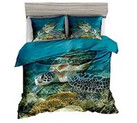 Sticker Superb 3D Mer Tortue Parures de Lit avec Taie d'oreiller 1 Persona,Monde sous-Marin Bleu Fond de Récif de Corail Housse de Couette Enfant Jeunesse Décoration de la Chambre (Bleu 2, 140x200cm)