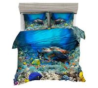 Sticker Superb 3D Mer Tortue Parures de Lit avec Taie d'oreiller 1 Persona,Monde sous-Marin Bleu Fond de Récif de Corail Housse de Couette Enfant Jeunesse Décoration de la Chambre (Bleu 4, 140x200cm)