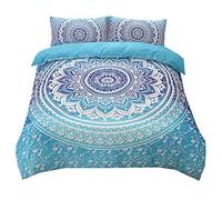 Sticker superb Bohême Hippie Animal l'éléphant Noir Violet Housse de Couette avec Taie d'oreiller, Boho Mandala Indien Fleur Bleu Parures de Lit 220x240cm 3 Pièces (Bleu)