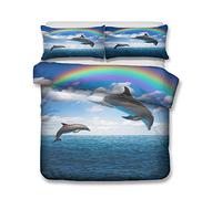 Sticker superb Housse de Couette avec Taie d'oreiller, 3D Bleu Mer Animal Charmant Dauphin Parures de Lit, 1/2 Personnes L'automne l'hiver Housse de Couette (Dauphin 2, 140x200cm)