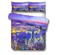 Sticker Superb Housse de Couette de Luxe Moderne Ville Modèle New York Hong Kong Sydney Paris Houston Toronto Scène de Nuit Microfibre Parures de Lit, Single (Hong Kong, 140_x_200_cm)