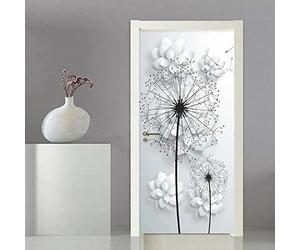 Stickers 3D Porte Poster Fleurs Blanches De Pissenlit Créatif Papier Peint Porte Trompe oeil pour Chambre Salon 77X200cm 77X200CM