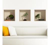 Stickers adhésifs Effet 3D | Sticker Autocollant Arbres Bonsaï en pot - Décoration murale trompe l'œil Chambre et Salon - Lot de 3 Pièces 30 x 30 cm