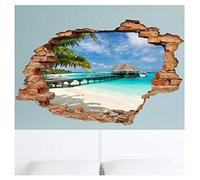 Stickers adhésifs Effet 3D | Sticker Autocollant Bora-Bora Palmier et Bungalow - Décoration murale trompe l'œil Chambre et Salon - 60 x 90 cm