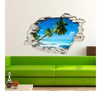 Stickers adhésifs Effet 3D | Sticker Autocollant Palmiers sur plage de sable blan - Décoration murale trompe l'œil Chambre et Salon - 60 x 90 cm