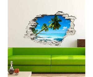 Stickers adhésifs Effet 3D | Sticker Autocollant Palmiers sur plage de sable blan - Décoration murale trompe l'œil Chambre et Salon - 60 x 90 cm
