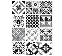 Stickers carreaux de ciment Noir, Gris, Blanc. Planche 12 carreaux ciment adhésifs GREYBLACK Stickers décoratifs. Autocollant mural - GREYBLACK - Dimensions d'un Sticker : 15 x 15 cm
