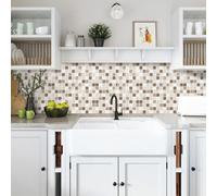 Stickers carrelage mosaïque 3D - Ensemble de 10 pièces - 25,4 x 25,4 cm - Mélange beige/brun