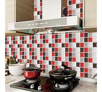 Stickers Cuisine Mosaïque Noir Rouge Credence Adhesive Pour Cuisine Pvc Carrelage Adhesif Mural Étanche Salle De Bains Stickers Muraux 12Pièces Stickers Carrelage(10X20Cm)