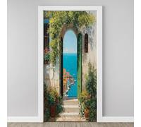 Stickers de Porte Feuilles Fleurs Vigne Vert Autocollants de Porte Trompe l'oeil Mural Méditerranéenne Affiche de Autocollants PVC de Décoration Étanche Amovible Chambre Salon Cuisine Salle 63x205 cm