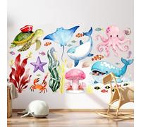 Stickers Muraux Animaux de la Jungle Arbre Fleurs de Cerisier Floral Branche Arbre Oiseaux Autocollants Muraux Décoration Murale Salon Chambre (Monde Océanique)