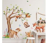Stickers Muraux Animaux Forêt Arbre Autocollant Mural Écureuil Cerf Renard Singe Décoration Murale Chambre Enfants Bébé Pépinière