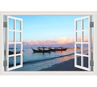 Stickers Muraux Bord De Mer Coucher De Soleil Paysage 3D Stickers Muraux Effet Faux Autocollants De Fenêtre Maison Salon Chambre Décoration Peinture Murale Murale 60 * 90Cm(24 * 36Inch)