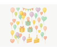 Stickers Muraux Chambre Enfant Ballons de Fête, lot de 32, Ballons, Confettis, Guirlande, Cadeaux, Gâteau, autocollants repositionnables, 150 x 150 cm