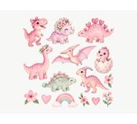 Stickers Muraux Chambre Enfant Dinosaures Roses, lot de 15, Dinos avec Nœuds, Fleurs, Cœurs, Arc-en-ciel, autocollants repositionnables, 150 x 150 cm