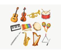 Stickers Muraux Chambre Enfant Instruments de musique, lot de 14, Guitare, violon, trompette, tambour, xylophone, autocollants repositionnables, 150 x 150 cm