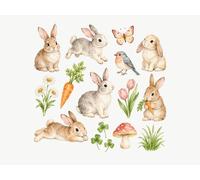 Stickers Muraux Chambre Enfant Prairie aux Lapins, lot de 16, Lapin, Carotte, Pâquerette, Tulipe, Papillon, autocollants repositionnables, 150 x 150 cm
