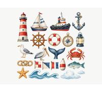 Stickers Muraux Chambre Enfant Univers Marin, lot de 22, Phare, Voilier, Ancre, Barre, Mouette, autocollants repositionnables, 150 x 150 cm