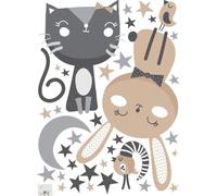 Stickers muraux – Chat, lapin et oiseaux au clair de lune – Autocollants – 135 x 100 cm