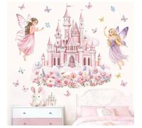 Stickers Muraux Château Rose Fille Fée Autocollant Mural Fleur Papillon Rose Décoration Murale Fille Chambre STICKERS