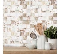 Stickers Muraux Cuisine Grain De Bois Beige Credence Adhesive pour Cuisine Imperméable Stickers Carrelage Meubles Décoration Carrelage Adhesif Mural Salle de Bain 10x10cm (25 Pièces)