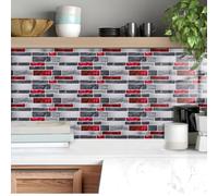 Stickers Muraux Cuisine Marbre Rouge Gris Dalle PVC Adhesive Murale Credence Adhesive pour Cuisine Plaque PVC Murale Panneau Mural Salle de Bain Carrelage Autocollant Papier Peint 12x24cm/20 Pcs