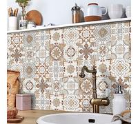 Stickers Muraux Cuisine Orange Beige Rétro Stickers Salle de Bain Imperméable Dalle pvc Adhesive Murale Meuble Decoration Credence Adhesive pour Cuisine 15x15cm/24 pièces