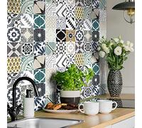 Stickers muraux Cuisine - Sticker Mural - Carreaux de Ciment adhésif Mural - Stickers Muraux azulejos - Sticker Carrelage adhesif Mural Salle de Bain 15 x 15 cm - 24 pièces Carreau de Ciment adhesif