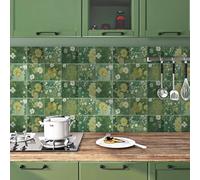 Stickers Muraux Cuisine Vert Jaune Floral Vinyle Adhesif Imperméable Placard Mur Armoires Meubles Decoration Dalle PVC Adhesive Sol Stickers Salle de Bain 10x10 cm/10 Pièces