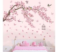 Stickers muraux de branches d'arbre rose et vert, décoration de scène de printemps/été de sakura pour la salle de bain, la chambre à coucher, le salon T484-L,T490,T484-SPolychlorures de vinyle