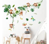 Stickers Muraux Enfant Singes de la Jungle sur Liane, Autocollants Muraux Aquarelle avec Feuilles Tropicales et Perroquets pour Chambre de Bébé, Décoration Ludique et Naturelle