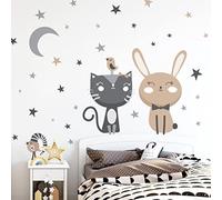 Stickers muraux enfants - Decoration chambre bébé - Sticker mural chambre enfant - Autocollant mural chat, lapin et oiseaux au clair de la lune - H55 x L40 cm