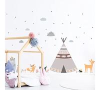 Stickers muraux enfants - Decoration chambre bébé - Sticker mural chambre enfant - Autocollant mural renard animaux scandinaves et tipis indiens - H60 x L90 cm