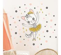 Stickers muraux enfants - Decoration chambre bébé - Stickers muraux enfant - Sticker mural Chat Ballerine + 100 ronds colorés - Autocollant mural fille - H45x L30 cm