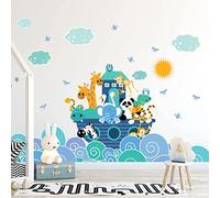Stickers muraux enfants - Decoration chambre bébé - Stickers muraux enfant - Sticker mural scandinave - Autocollant mural animaux sur les vagues du bonheur - H60 x L90 cm