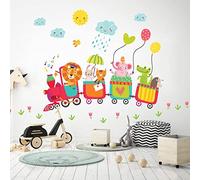 Stickers muraux enfants - Decoration chambre bébé - Stickers muraux enfant - Sticker mural scandinave - Autocollant mural animaux dans le train du bonheur - H120 x L180 cm