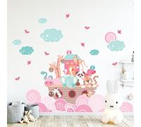 Stickers muraux enfants - Decoration chambre bébé - Stickers muraux enfant - Sticker mural scandinave - Autocollant mural animaux sur le bateau du bonheur - H120 x L180 cm