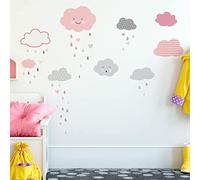 Stickers muraux enfants - Decoration chambre bébé - Stickers muraux enfant - Sticker mural scandinave - Autocollant mural nuages sous une pluie de cœurs - H120 x L80 cm