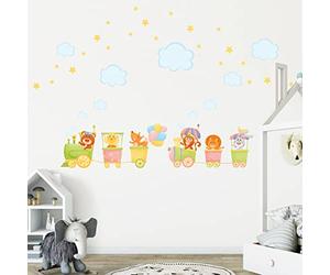 Stickers muraux enfants - Decoration chambre bébé - Stickers muraux enfant - Sticker mural scandinave - Autocollant mural animaux dans le train direction le bonheur - H90 x L135 cm