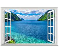 Stickers Muraux Fenêtre Sticker Mural Fenetre Trompe l'oeil Ouverte Poster Paysage d'eau de mer 50 x 70 cm