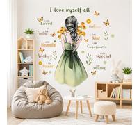Stickers Muraux Fille Tournesols Citations Positives, Autocollant Muraux "I Am Loved" pour Chambre Enfant, Aquarelle Fille avec Papillons et Fleurs, Amovible et Non Toxique