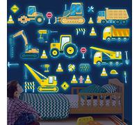 Stickers muraux lumineux dans l'obscurité - Autocollants muraux véhicules de construction - Thème voitures de transport - Autocollants fluorescents à peler et coller - Panneaux routiers - Autocollants