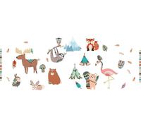 Stickers muraux pour enfants – Immense sticker mural représentant des montagnes scandinaves, des animaux de montagne et des plumes indiennes – 110 x 165 cm