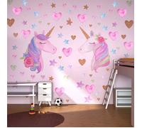 Stickers muraux - PZCC - Licorne - Rose - Autocollants amovibles - Motif cœur et étoiles