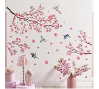 Stickers muraux - Sakura Rose - Fleurs, branches et oiseaux - Vinyle amovible non toxique - Taille 122×68 cm