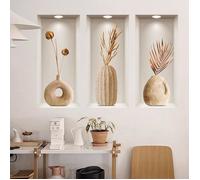 Stickers muraux salon 3D VASE avec FLEURS beige (120x68 cm) I Autocollant mural chambre adulte bohème minimalistes STICKERS
