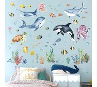 Stickers muraux sur le thème du monde sous-marin : poissons, dauphins, tortues de mer et algues. Idéal pour une chambre d'enfant, une chambre de bébé ou une salle de bains.